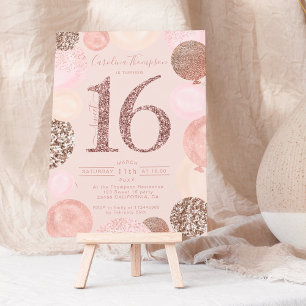 Convite Balão de rosa com brilho dourado com blush Sweet 