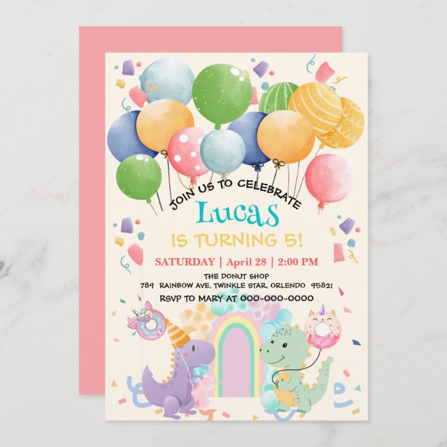Convite Balão de rosquinha do Dinossauro Cinto Unicórnio d (Frente/Verso)