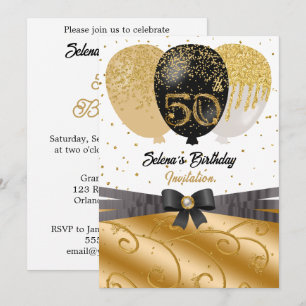 Convite Balão de Seda Preto e Dourado para Aniversário de