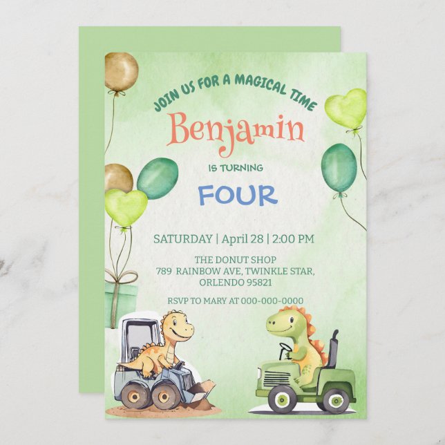 Convite Balão de trator escavador de dinossauro bonito Ani (Frente/Verso)