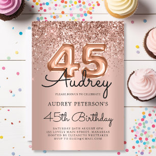 Convite Balão Dourado com Rosa de brilho 45.o aniversário