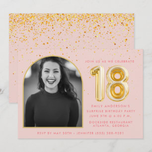 Convite Balão Dourado de Aniversário de 18 Anos Rosa Femin