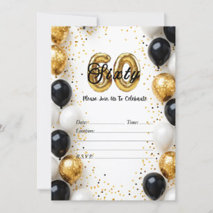 Convite Balão Dourado e Negro 60º Aniversário do Elegante