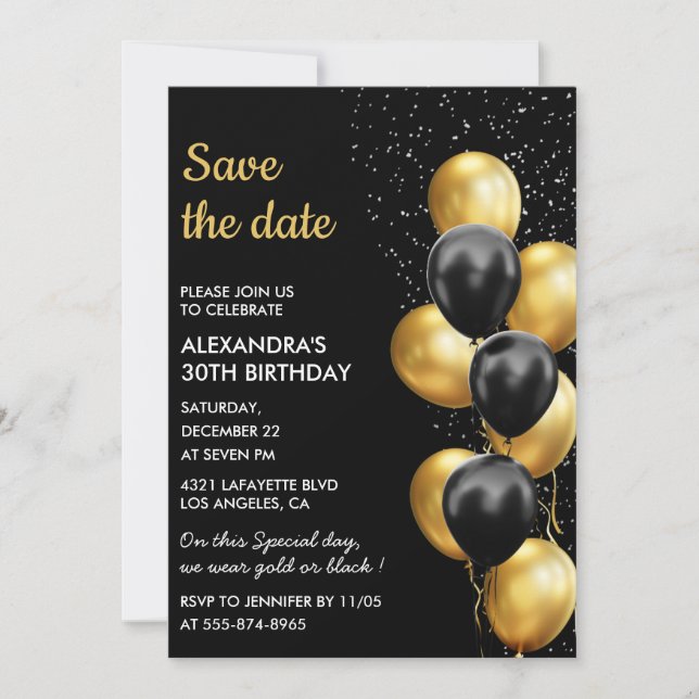 Convite Balão Elegante Preto e Dourado para Salvar a Data  (Frente)