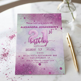Convite Balão Elegante Rosa com Brilho 21º Festa de Aniver