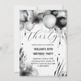 Convite Balão Floral aniversário de 30 anos preto-e-branco