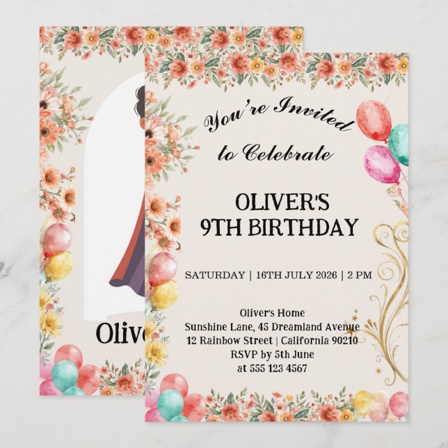 Convite Balão Floral de Aniversário (Frente/Verso)