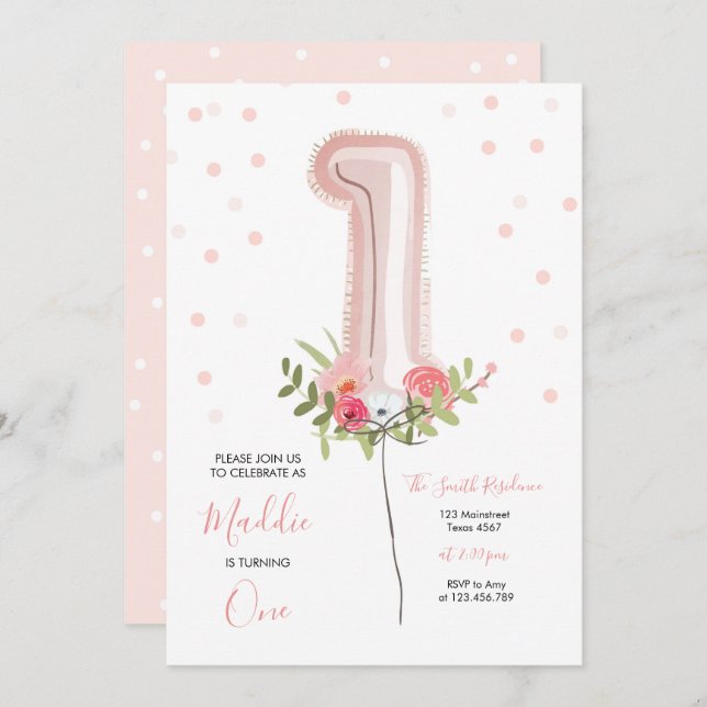 Convite Balão Floral Primeiro Aniversário Chamando Garota  (Frente/Verso)