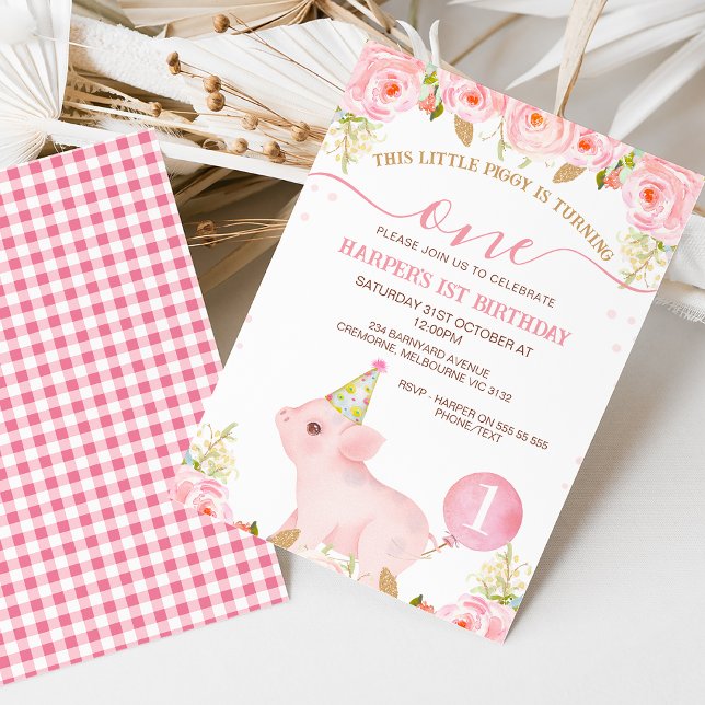 Convite Balão Floral Rosa Este Pequeno primeiro aniversari (Sweet little piggy first birthday invitation featuring a cute pig wearing a party hat and balloon. )
