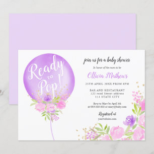 Convite Balão floral roxo pronto para o chá de fraldas