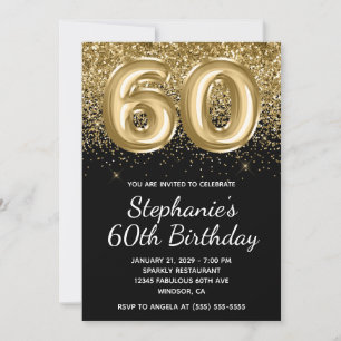 Convite Balão negro brilhante Dourado brilhante 60º aniver