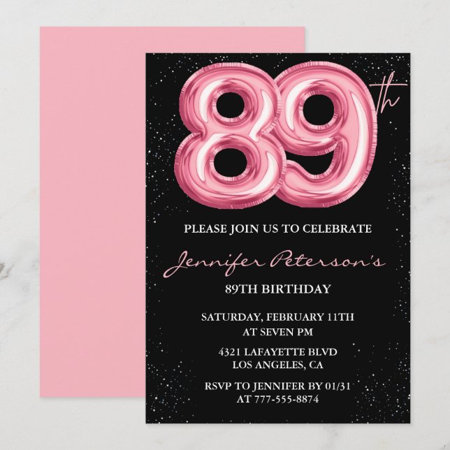 Convite Balão Preto Rosa Glam 89º aniversário (Frente/Verso)