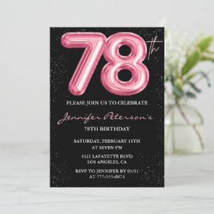 Convite Balão Preto Rosa Glam Glitter 78º aniversário