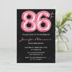 Convite Balão Preto Rosa Glam Glitter 86º aniversário