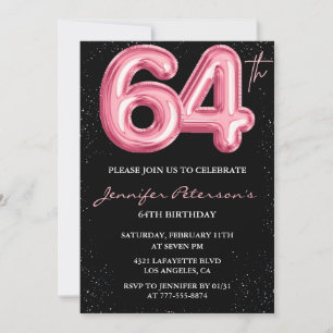 Convite Balão Preto Rosa Glam Glitter Aniversário 64 anos