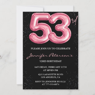 Convite Balão Preto Rosa Glam Glitter Aniversário de 53 an
