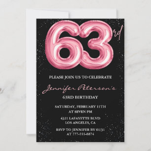 Convite Balão Preto Rosa Glam Glitter Aniversário de 63 an