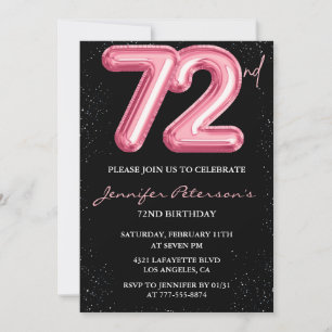 Convite Balão Preto Rosa Glam Glitter Aniversário de 72 an