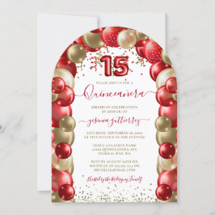 Convite Balão Red Dourado Sparkle Quinceañera