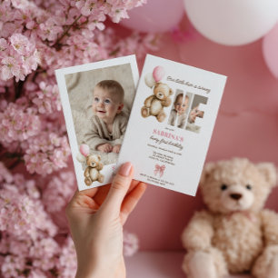 Convite Balão Rosa de Foto do Urso de Teddy primeiro anive