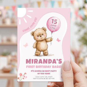 Convite Balão Rosa-Rosa-Urso-Sunny Primeiro Aniversário