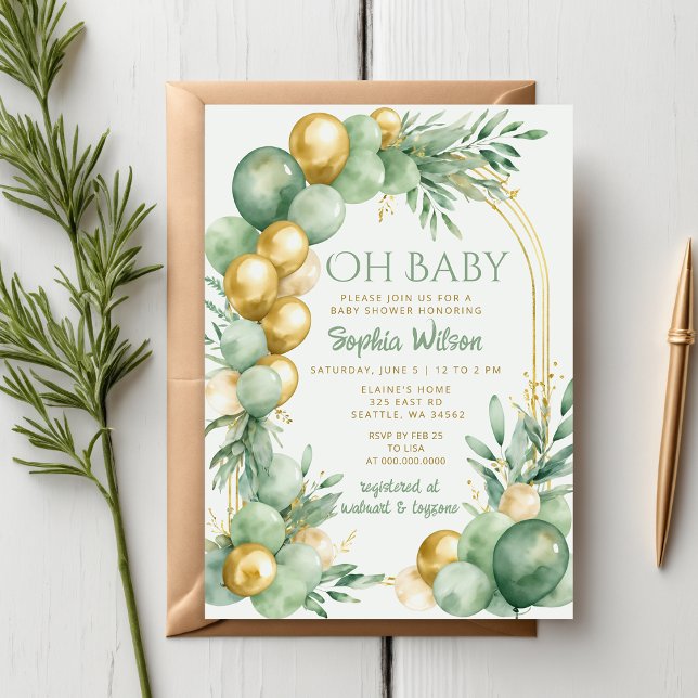 Convite Balão Sage Dourado Gênero Chá de fraldas neutro (Balloon Arch Sage Gold Gender Neutral Baby Shower Invitation)