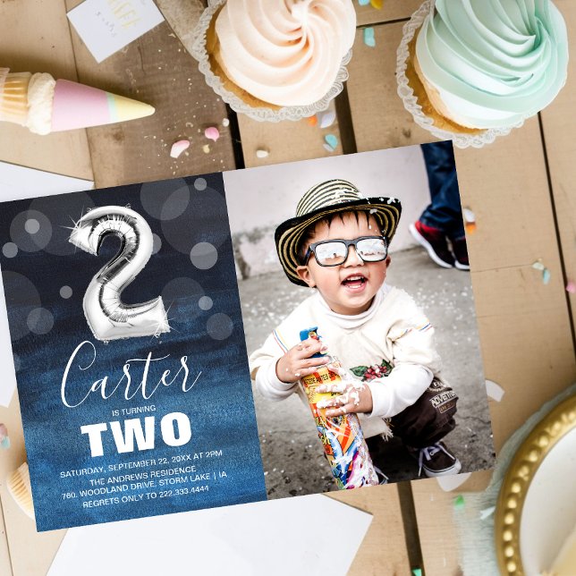 Convite Balão segundo aniversário Prata | Blue Photo Party (Criador carregado)