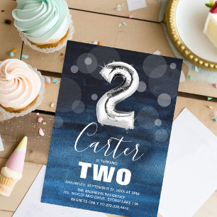 Convite Balão segundo aniversário Prata   Partido Azul