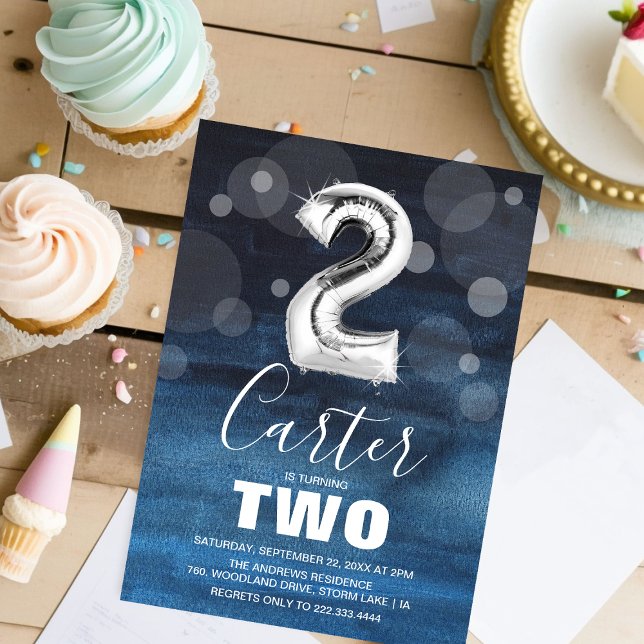 Convite Balão segundo aniversário Prata | Partido Azul (Criador carregado)