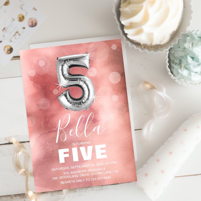 Convite Balão Silver no Quinto Aniversário | Festa rosa (Criador carregado)