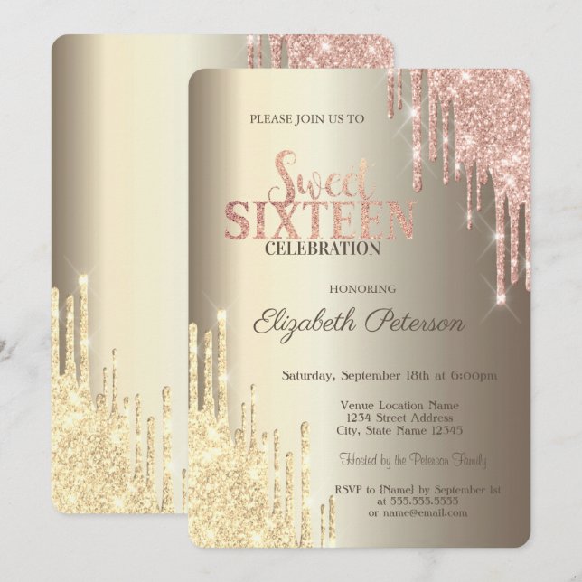 Convite Balão Sweet 16 Dourado Champagne com Efeito Glitte (Frente/Verso)