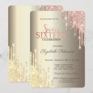 Convite Balão Sweet 16 Dourado Champagne com Efeito Glitte