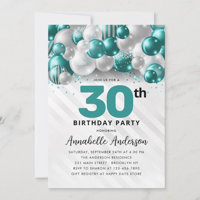 Convite Balão Verde-Teal De Prata Brilhante Qualquer Idade (Frente)