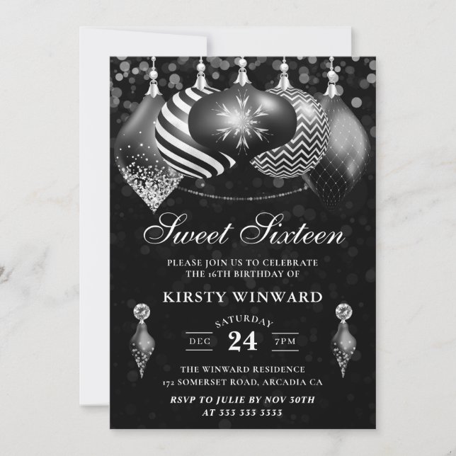 Convite Balas brancas e pretas brancas de inverno Doce 16 (Frente)