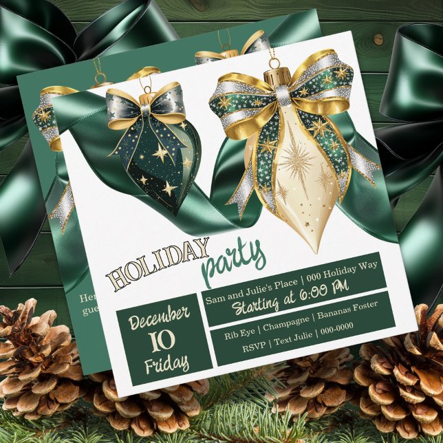 Convite Balas de Férias Douradas e Verdes a Frio com Fita (Bold Christmas baubles on your holiday party invite in pretty gold and green )