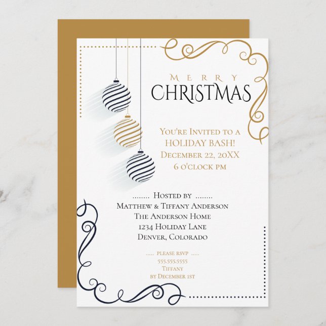 Convite Balas de férias mínimas Douradas e pretas modernas (Frente/Verso)