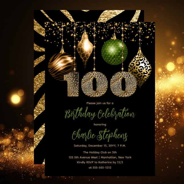 Convite Balas de pele de animais tropicais 100ª Festa de a (Glamorous Tropical Animal Print Baubles 100th Birthday Party Invitation in Black, Gold & Olive Green)