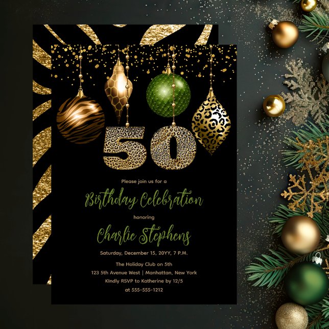 Convite Balas de pele de animais tropicais 50ª Festa de an (Glamorous Tropical Animal Print Baubles 50th Birthday Party Invitation in Black, Gold & Olive Green)