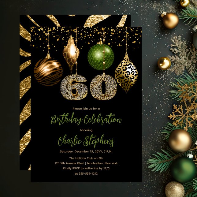 Convite Balas de pele de animais tropicais 60ª Festa de an (Glamorous Tropical Animal Print Baubles 60th Birthday Party Invitation in Black, Gold & Olive Green)