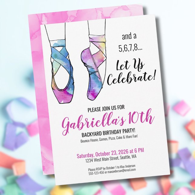 Convite Balé Ballerina Festa de aniversário (Ballerina Watercolor Ballet Girls 10th Birthday Invitation)