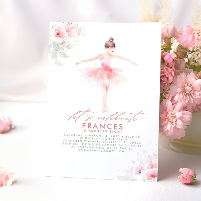 Convite Balé Ballerina Festa de aniversário Rosa Floral (Ballerina in Pink Dress Birthday Invitations)