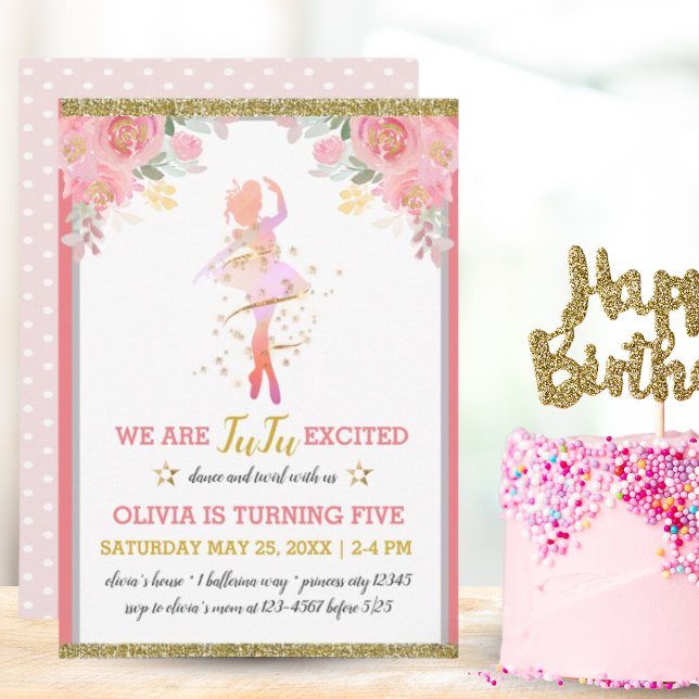 Convite Balé Dançarina Rosa, Festa de aniversário Floral (Ballet Dancer Pink Floral Girl Birthday Party Invitation)