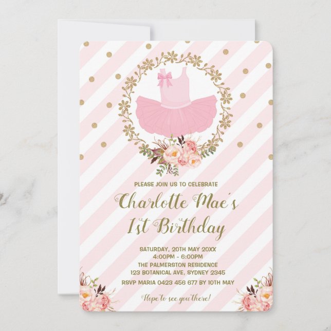 Convite Balé de aniversário Tutu Ballerina Convide Rosa e  (Frente)