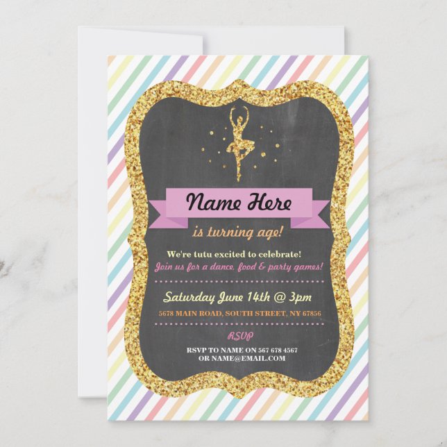 Convite Balé Rainbow Tutu Dourado Glitter Birthday Invite (Frente)