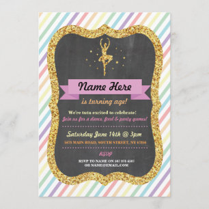 Convite Balé Rainbow Tutu Dourado Glitter Birthday Invite