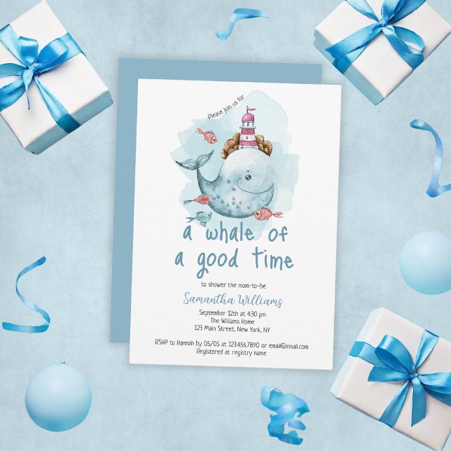 Convite Baleia Bonita De Um Chá de fraldas De Rapazes Do B (Cute Whale Of A Good Time Boy Baby Shower Invitation
)