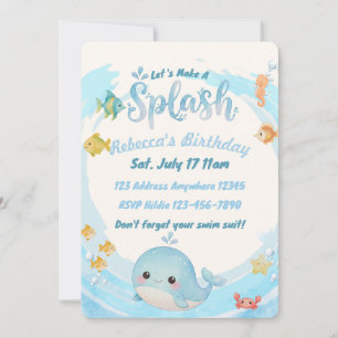 Convite Baleia de Onda Azul Aquarela de Aniversário