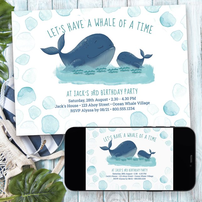 Convite Baleia de um feliz aniversário de baleias marinhas (Whale of a Time nautical themed birthday invitation)