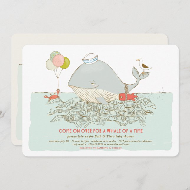 Convite Baleia de uma festa de Chá de fraldas de Verão (Frente/Verso)