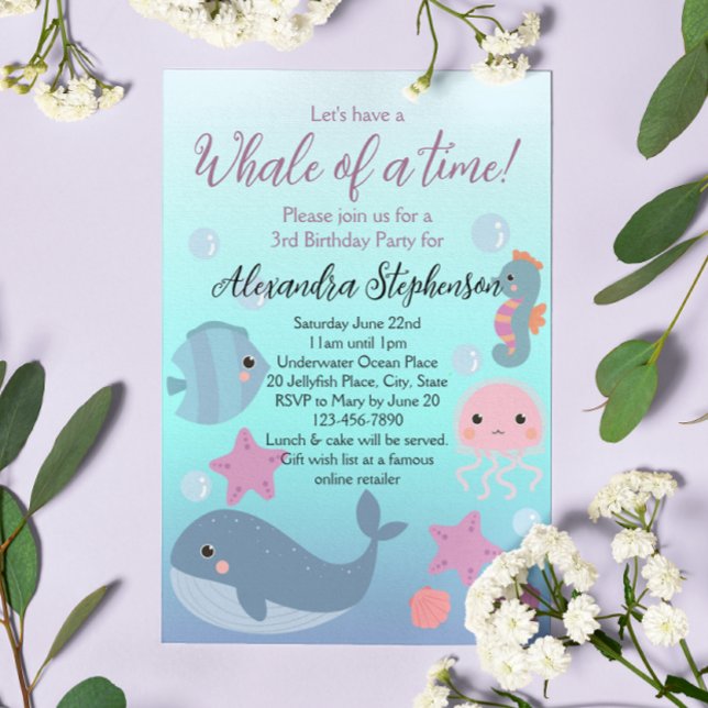 Convite Baleia sob o Mar Ocean Beach Girls Aniversário (under the sea whale girls birthday party invitation
)